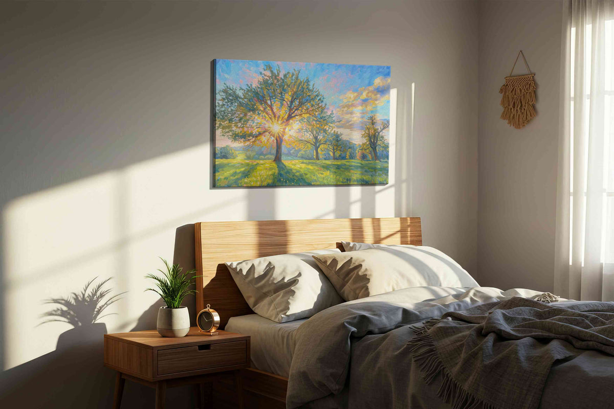 Luminescent Dawn Whisper nature canvas print, displayed in a bedroom