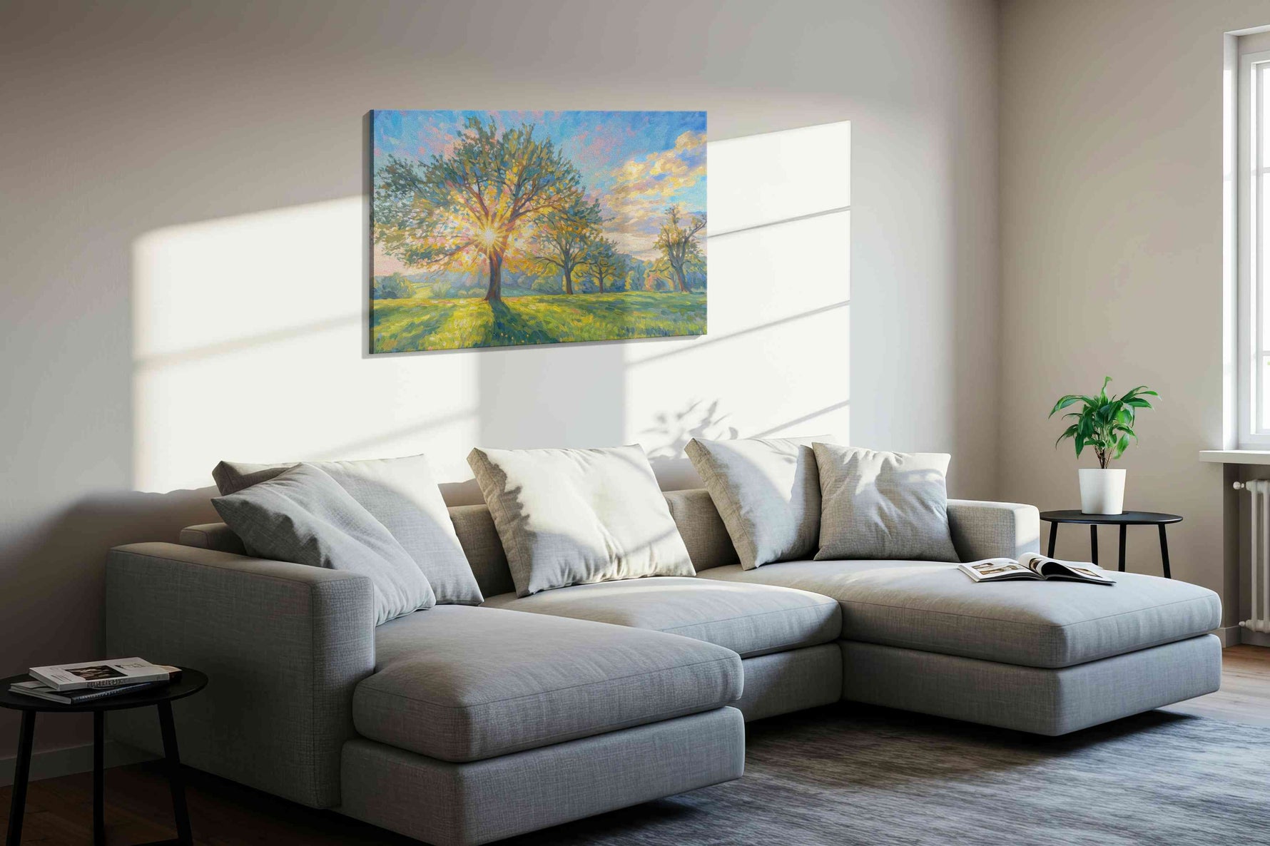 Luminescent Dawn Whisper nature canvas print, displayed in a living room