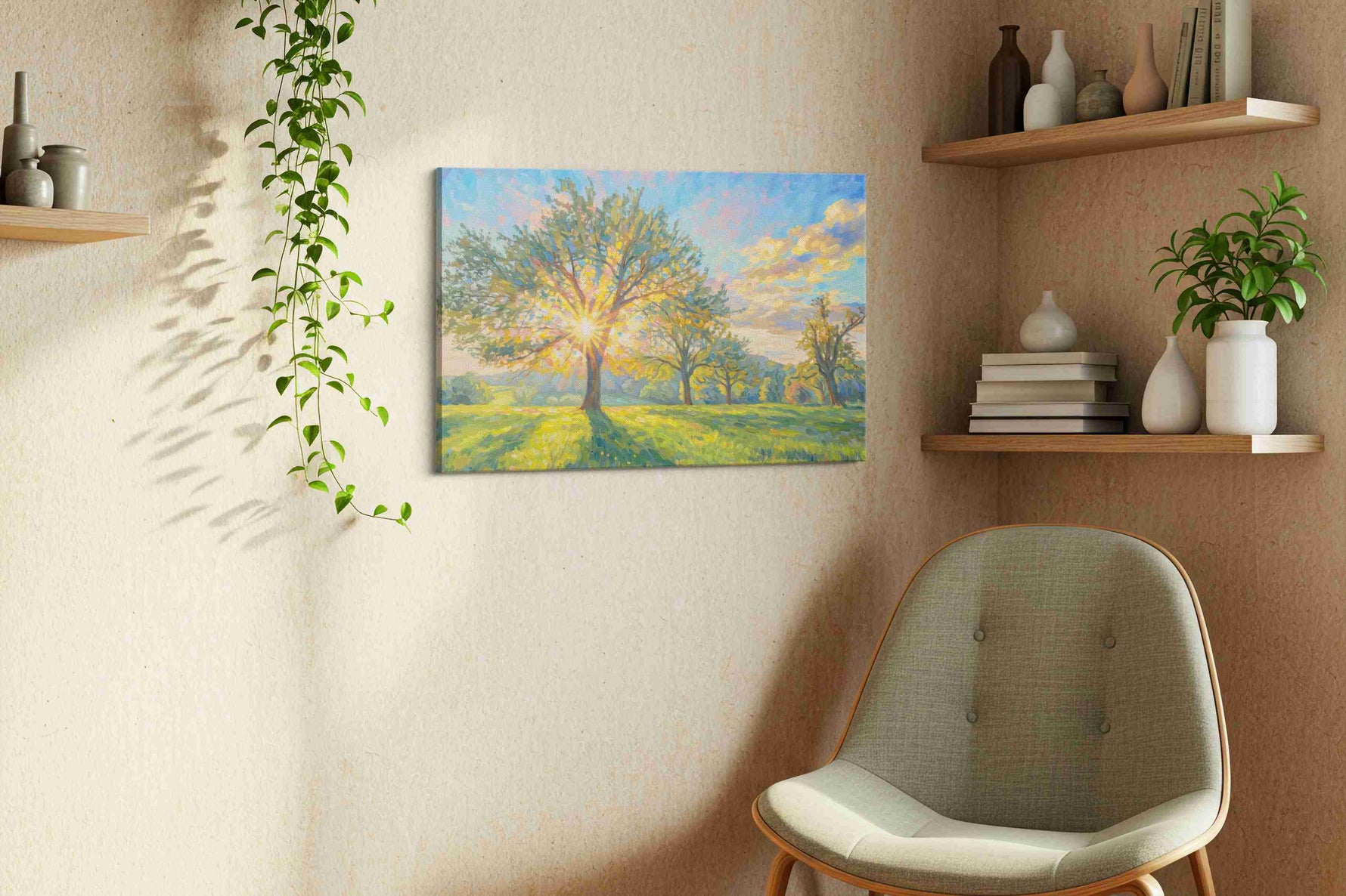 Luminescent Dawn Whisper nature canvas print styled in a living room