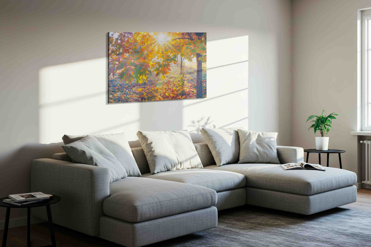Radiance in Autumn Grove nature canvas print, displayed in a living room