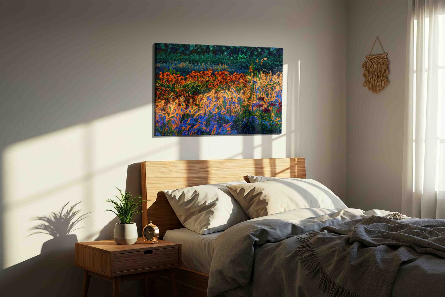 Whirlwind Symphony of Blooms nature canvas print, displayed in a bedroom