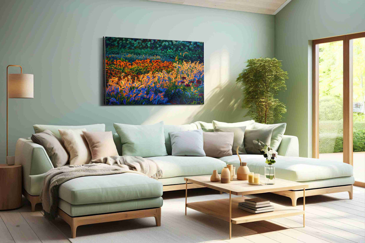 Whirlwind Symphony of Blooms nature canvas print shown in a wall scene