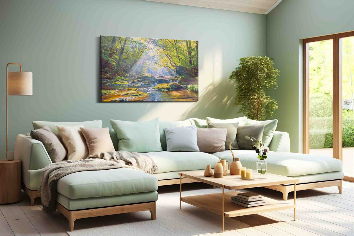 Whispering Light in Enchanted Glade nature canvas print shown in a wall scene