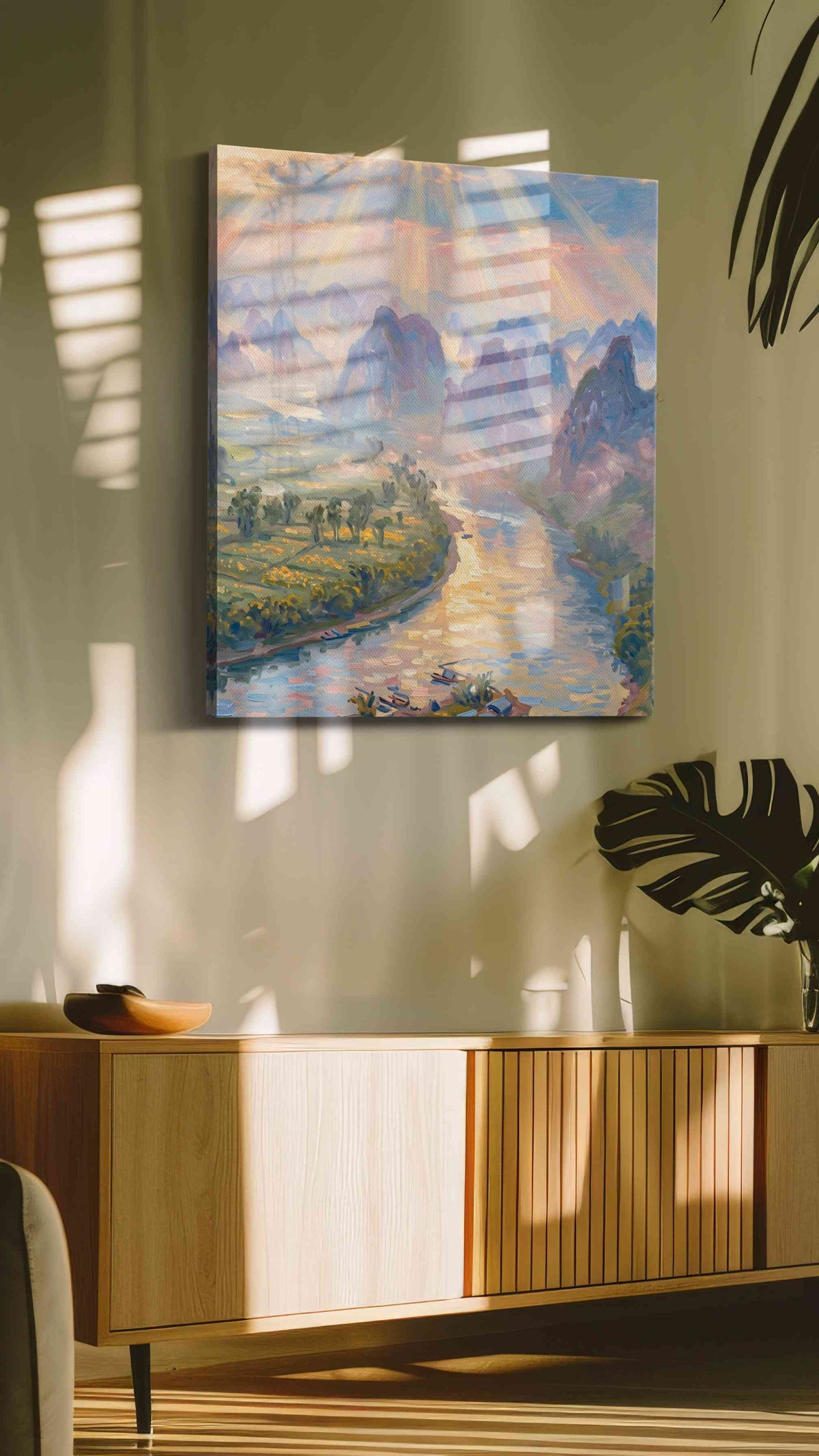 Whispers of Dawn Over River Valleys nature canvas print, displayed in a living room