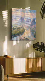 Whispers of Dawn Over River Valleys nature canvas print, displayed in a living room