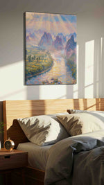 Whispers of Dawn Over River Valleys nature canvas print, displayed in a bedroom