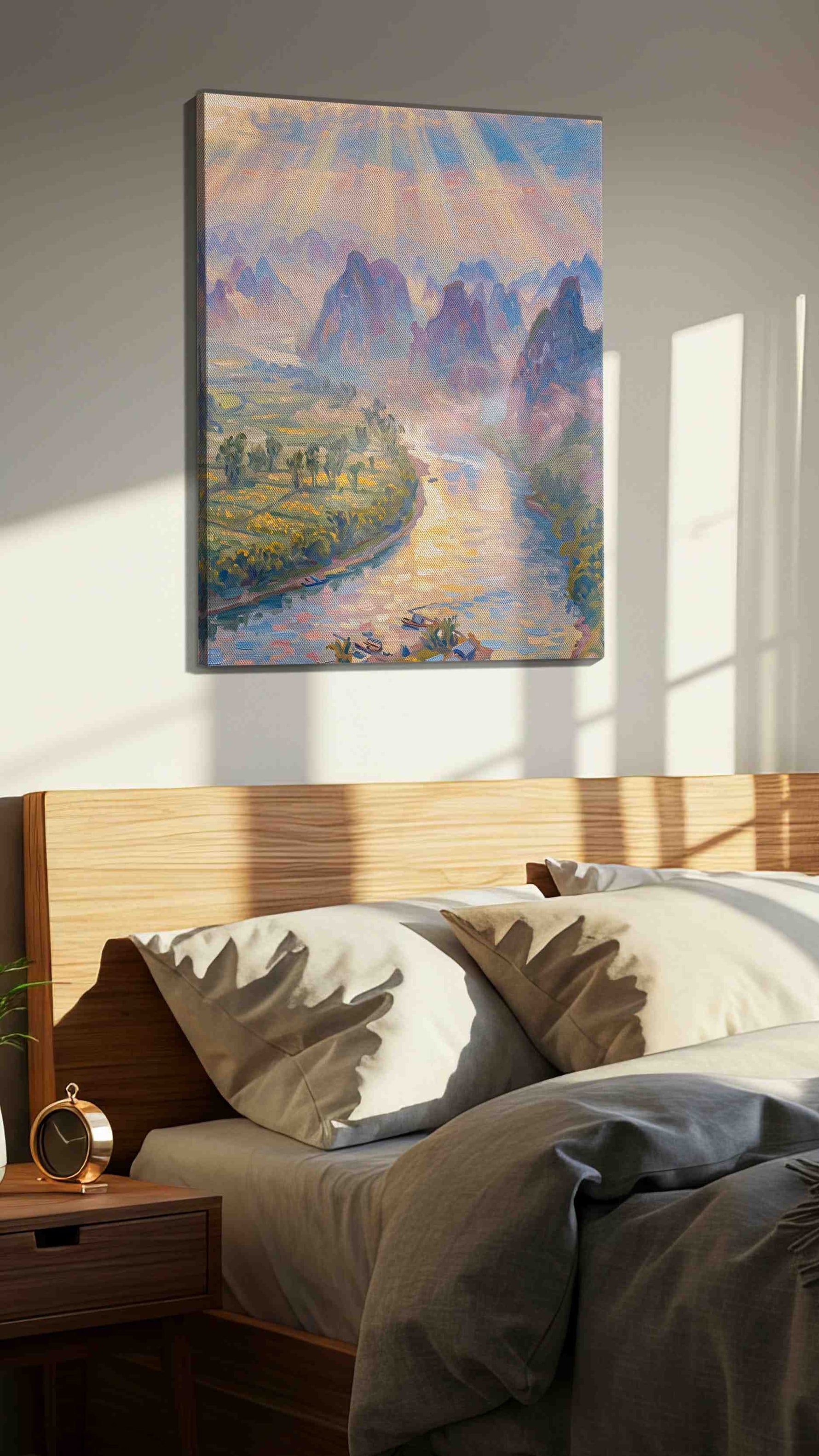 Whispers of Dawn Over River Valleys nature canvas print, displayed in a bedroom