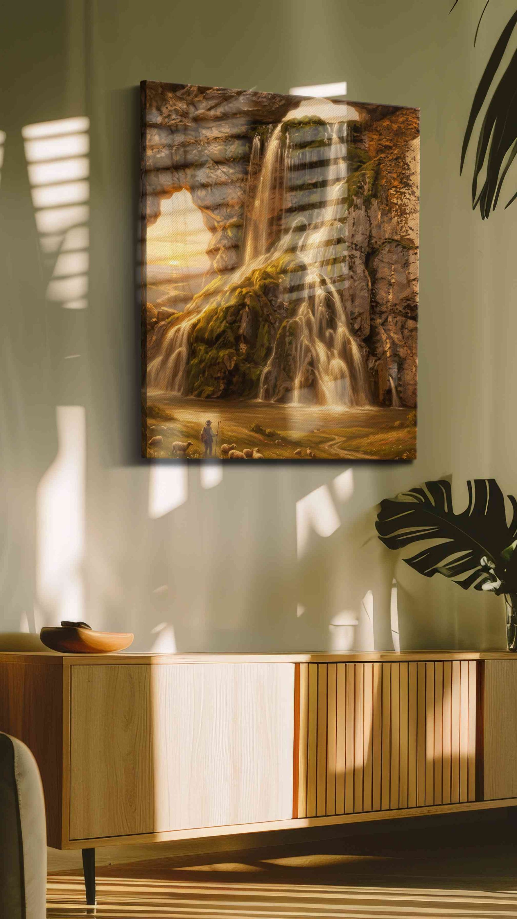 Whispers of the Celestial Cascade nature canvas print, displayed in a living room