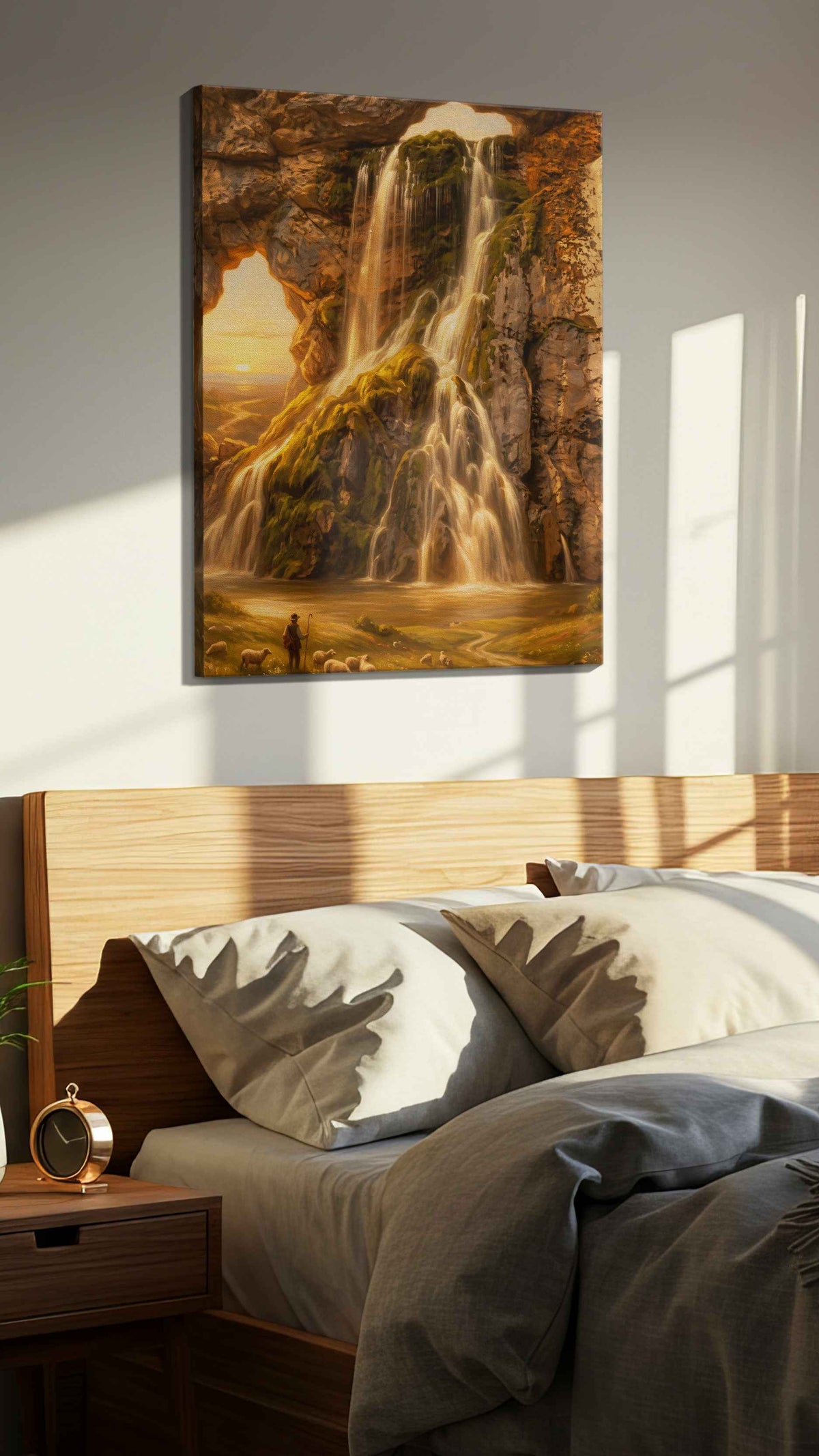 Whispers of the Celestial Cascade nature canvas print, displayed in a bedroom