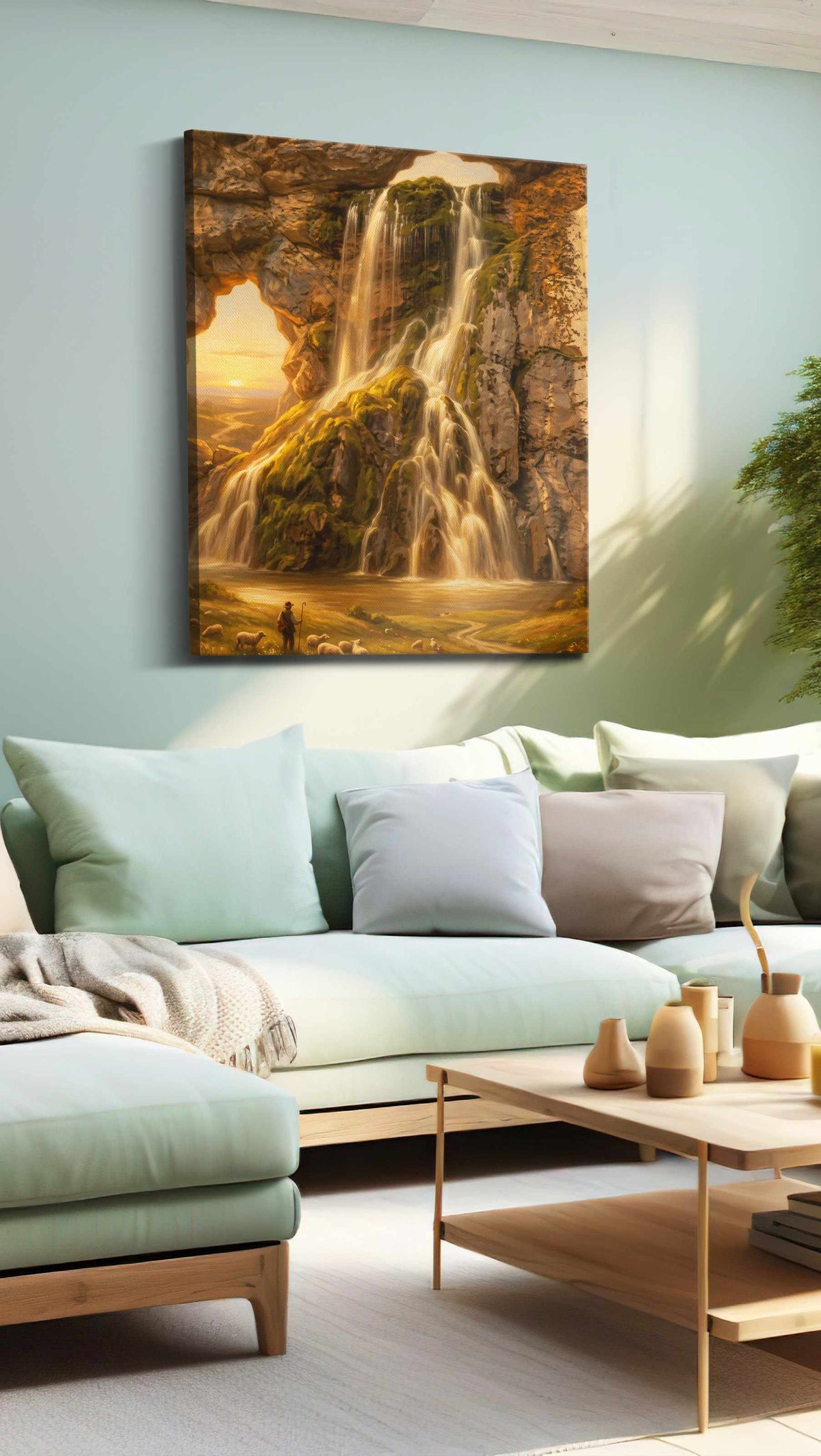 Whispers of the Celestial Cascade nature canvas print shown in a wall scene