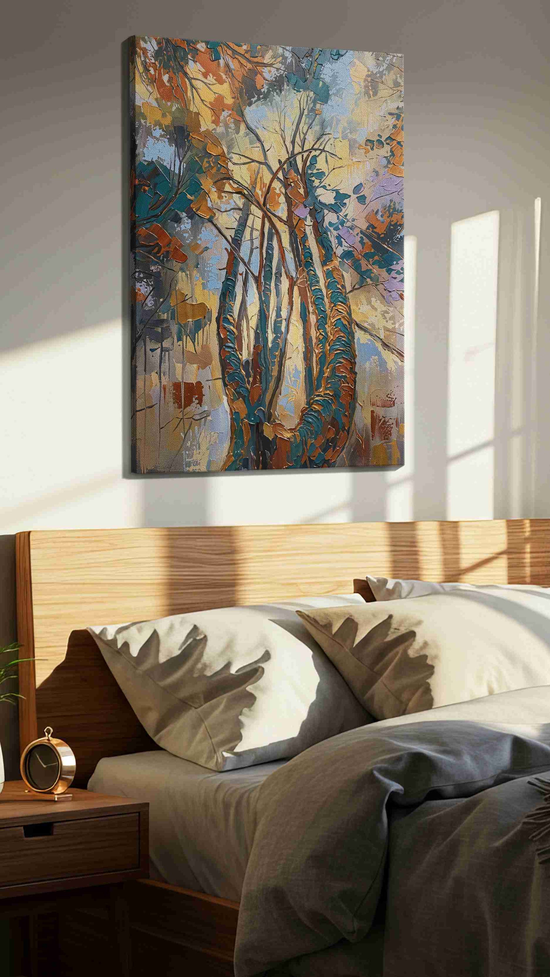 Whispers of the Enchanted Canopy nature canvas print, displayed in a bedroom