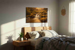 Whispers of the Golden Stream nature canvas print, displayed in a bedroom