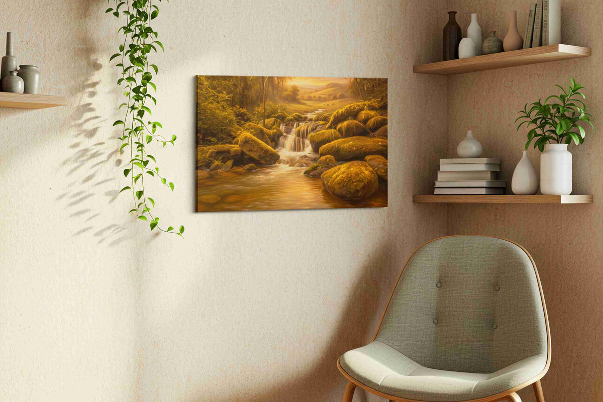 Whispers of the Golden Stream nature canvas print, hanging on wall — view 4