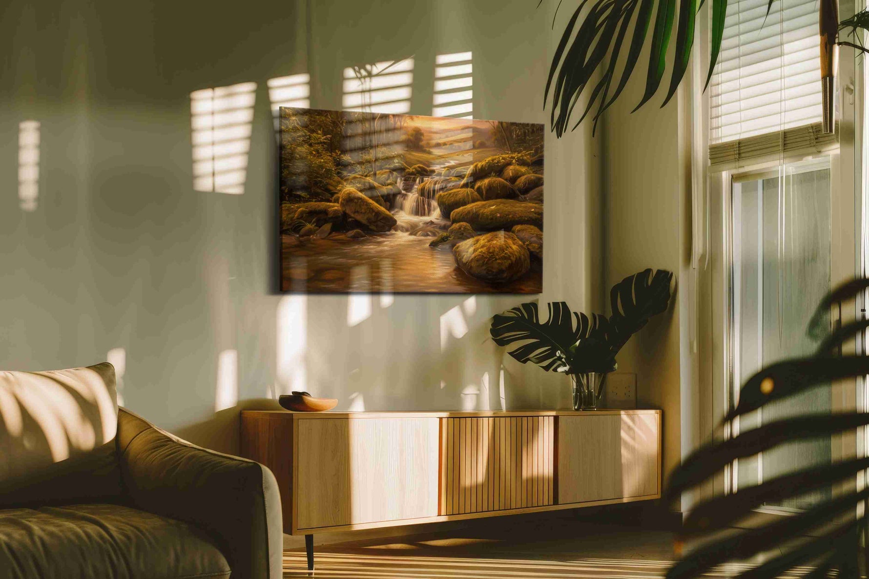 Whispers of the Golden Stream nature canvas print in a hung canvas mockup