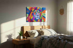 Prismatic Majesty Roars animals canvas print, displayed in a bedroom