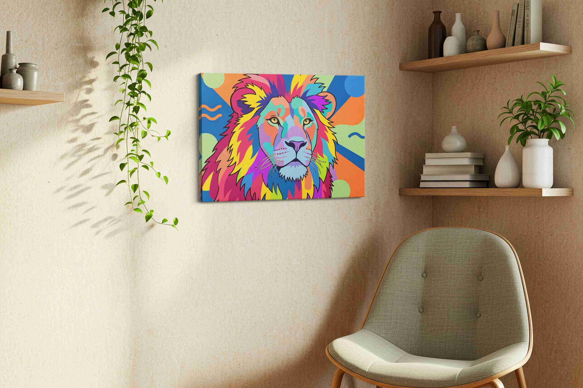 Prismatic Majesty Roars animals canvas print styled in a living room