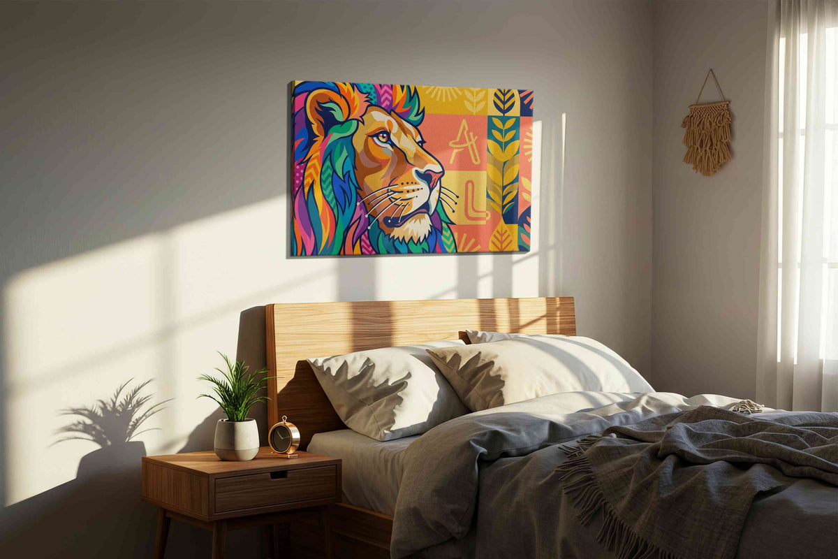 Prismatic Roar Symphony animals canvas print, displayed in a bedroom