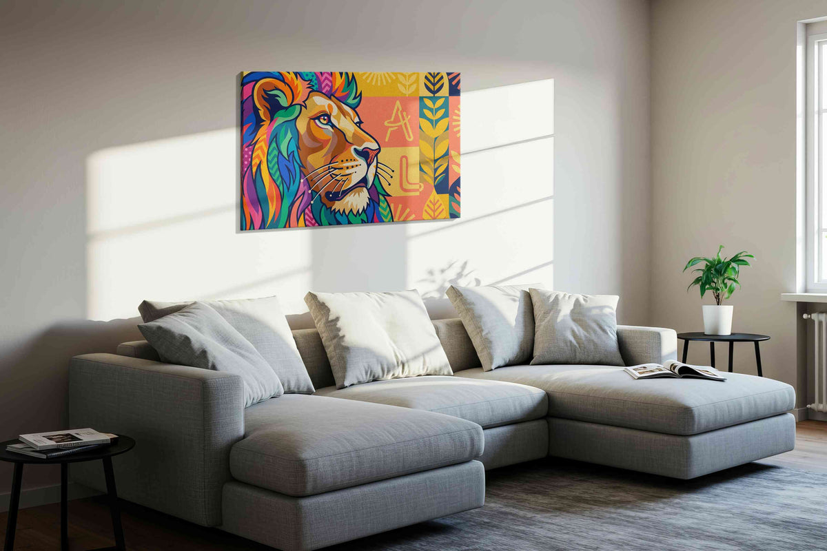 Prismatic Roar Symphony animals canvas print, displayed in a living room