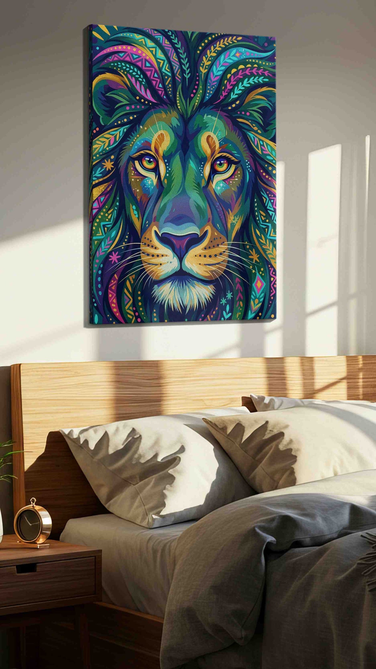 Psychedelic Mane Majesty animals canvas print, displayed in a bedroom
