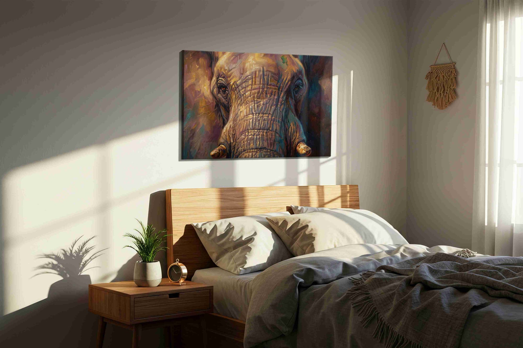 Vibrant Majesty Elephant Gaze animals canvas print, displayed in a bedroom