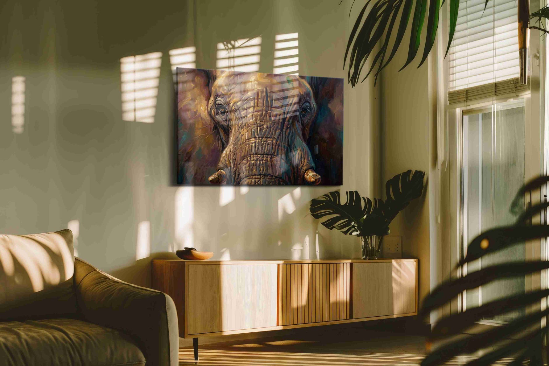Vibrant Majesty Elephant Gaze animals canvas print in a hung canvas mockup