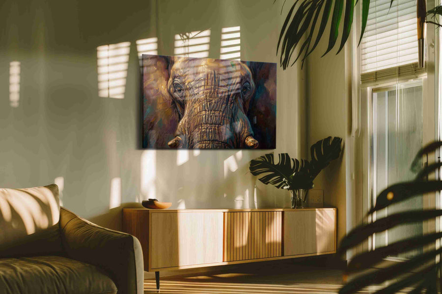 Vibrant Majesty Elephant Gaze animals canvas print in a hung canvas mockup