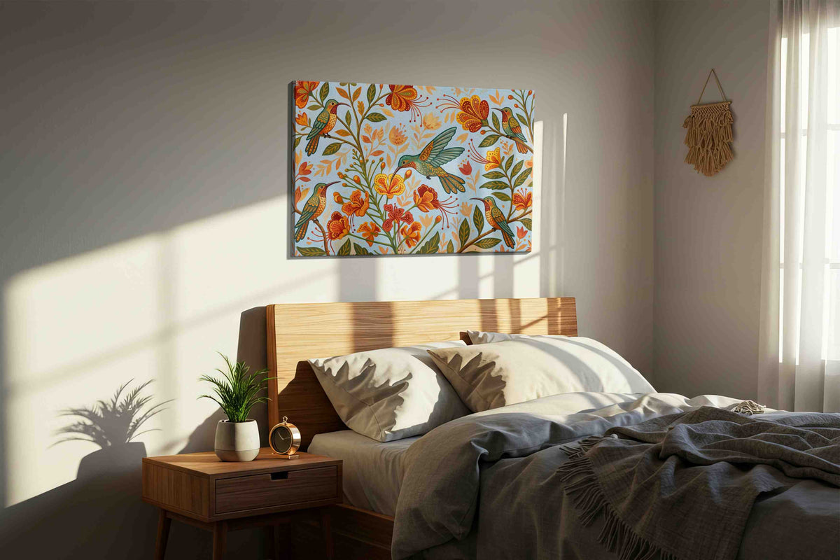 Azure Symphony of Blooms birds canvas print, displayed in a bedroom