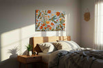 Azure Symphony of Blooms birds canvas print, displayed in a bedroom