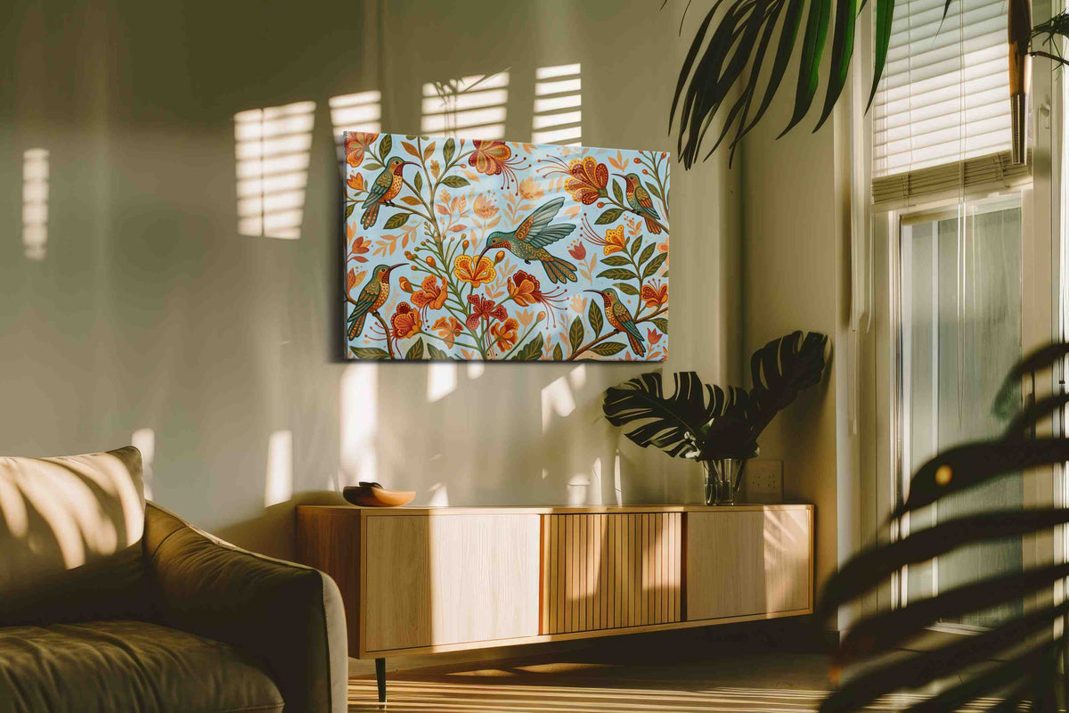 Azure Symphony of Blooms birds canvas print in a hung canvas mockup