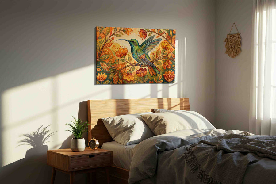 Ethereal Harmony in Bloom birds canvas print, displayed in a bedroom