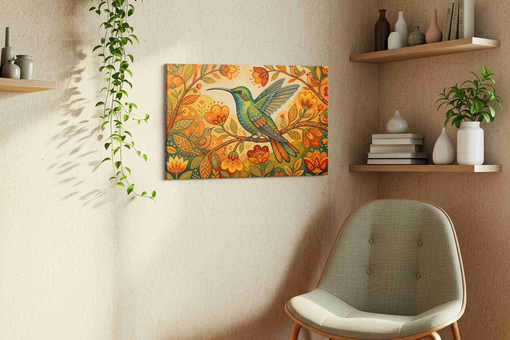 Ethereal Harmony in Bloom birds canvas print, displayed in a living room