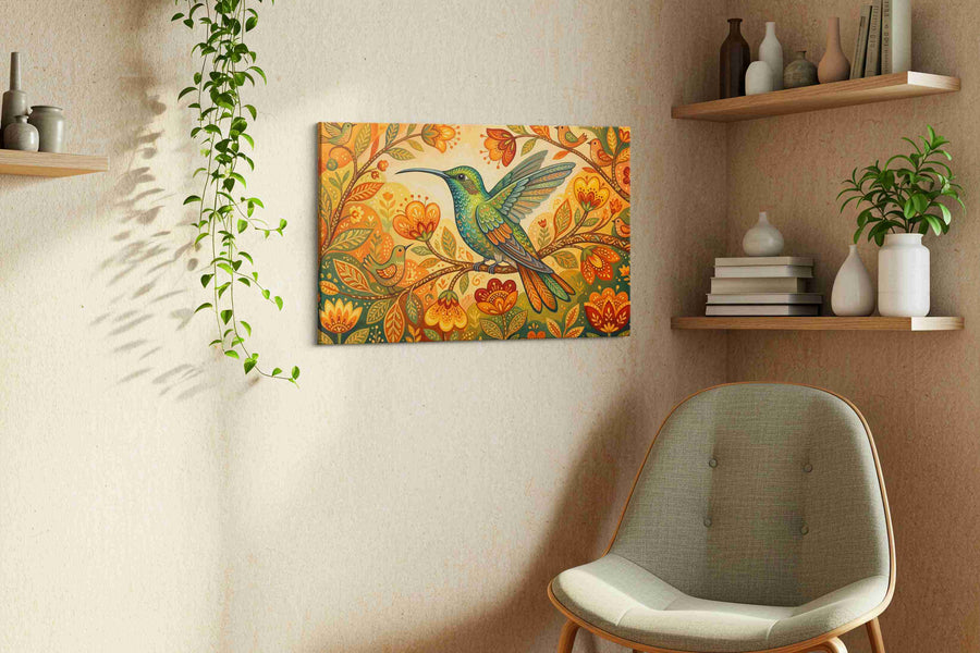 Ethereal Harmony in Bloom birds canvas print, displayed in a living room
