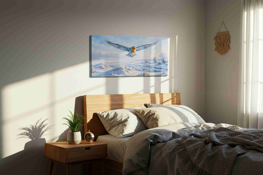 Flight of Winter's Spirit birds canvas print, displayed in a bedroom