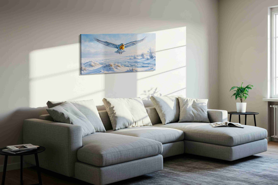 Flight of Winter's Spirit birds canvas print, displayed in a living room