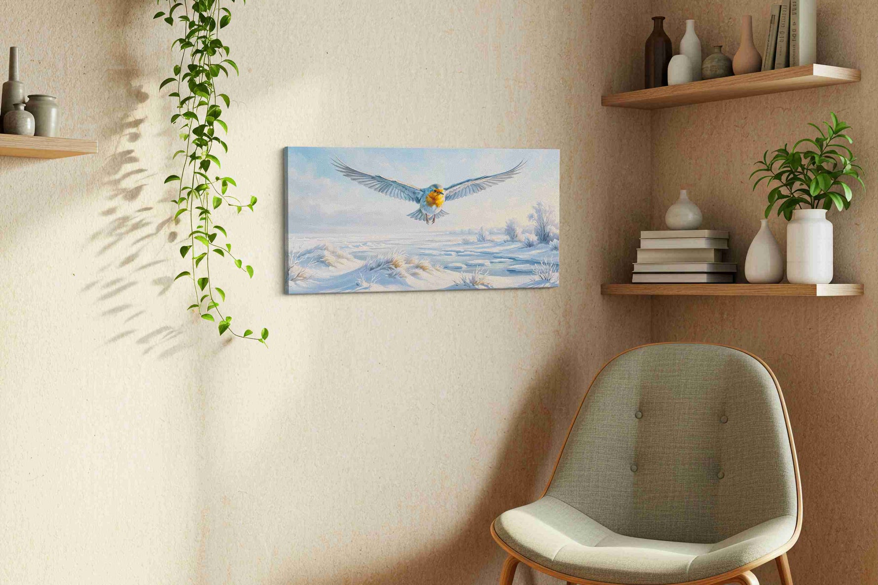 Flight of Winter's Spirit birds canvas print styled in a living room