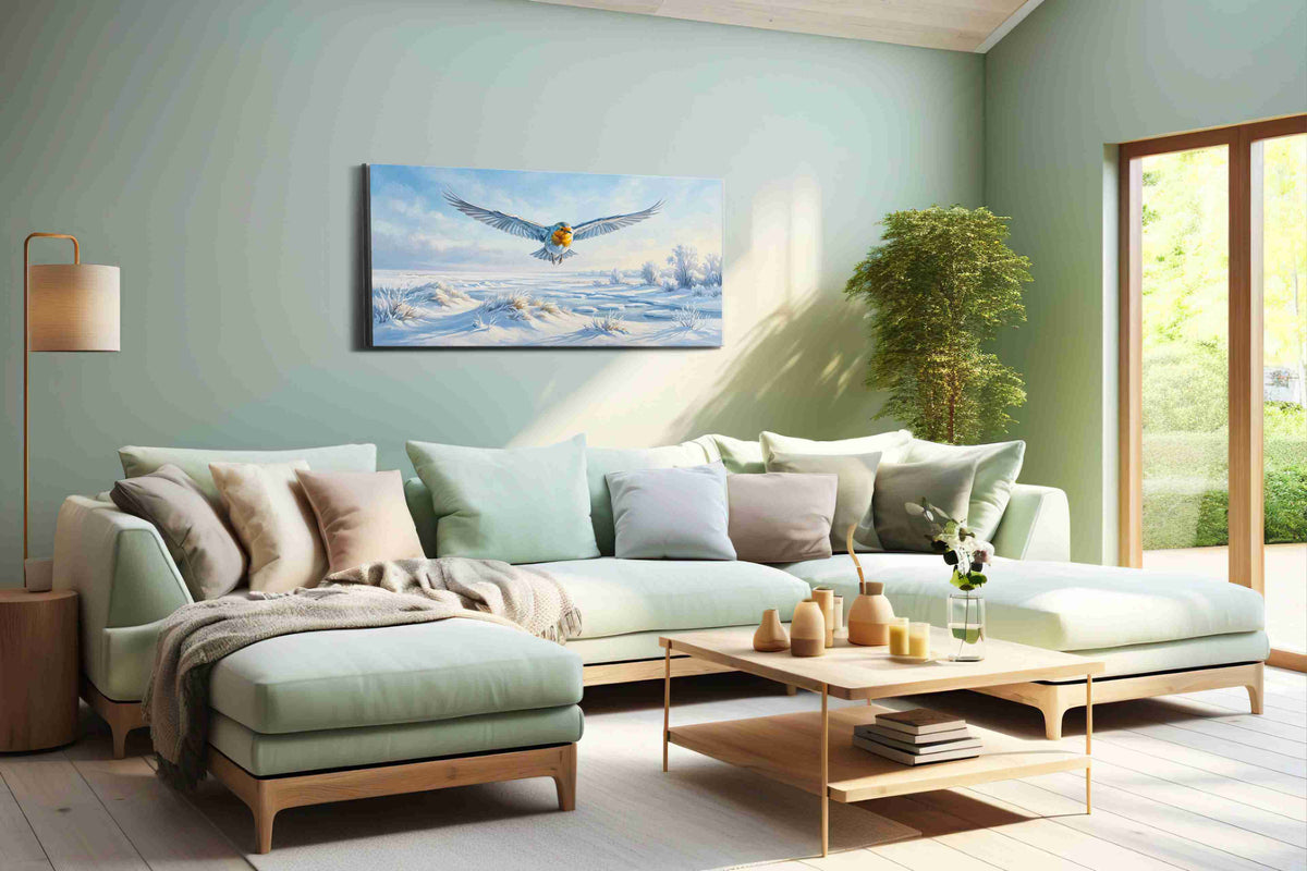 Flight of Winter's Spirit birds canvas print, hanging on wall