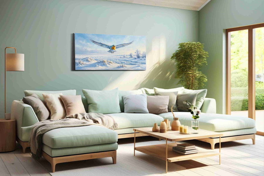 Flight of Winter's Spirit birds canvas print, hanging on wall