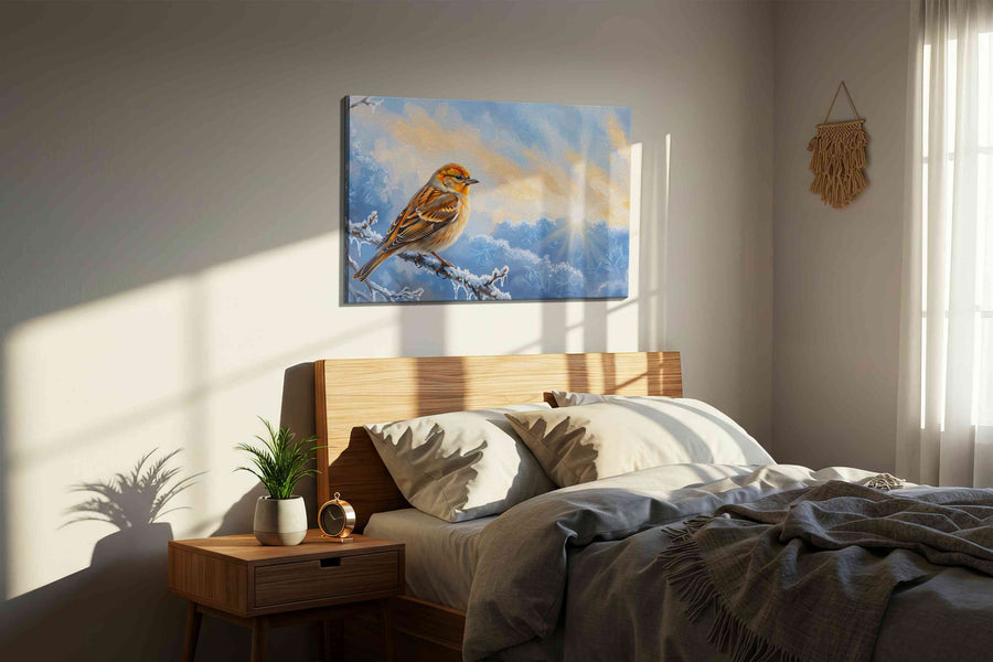Frosty Dawn Whisper birds canvas print, displayed in a bedroom