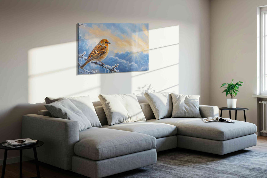 Frosty Dawn Whisper birds canvas print, displayed in a living room