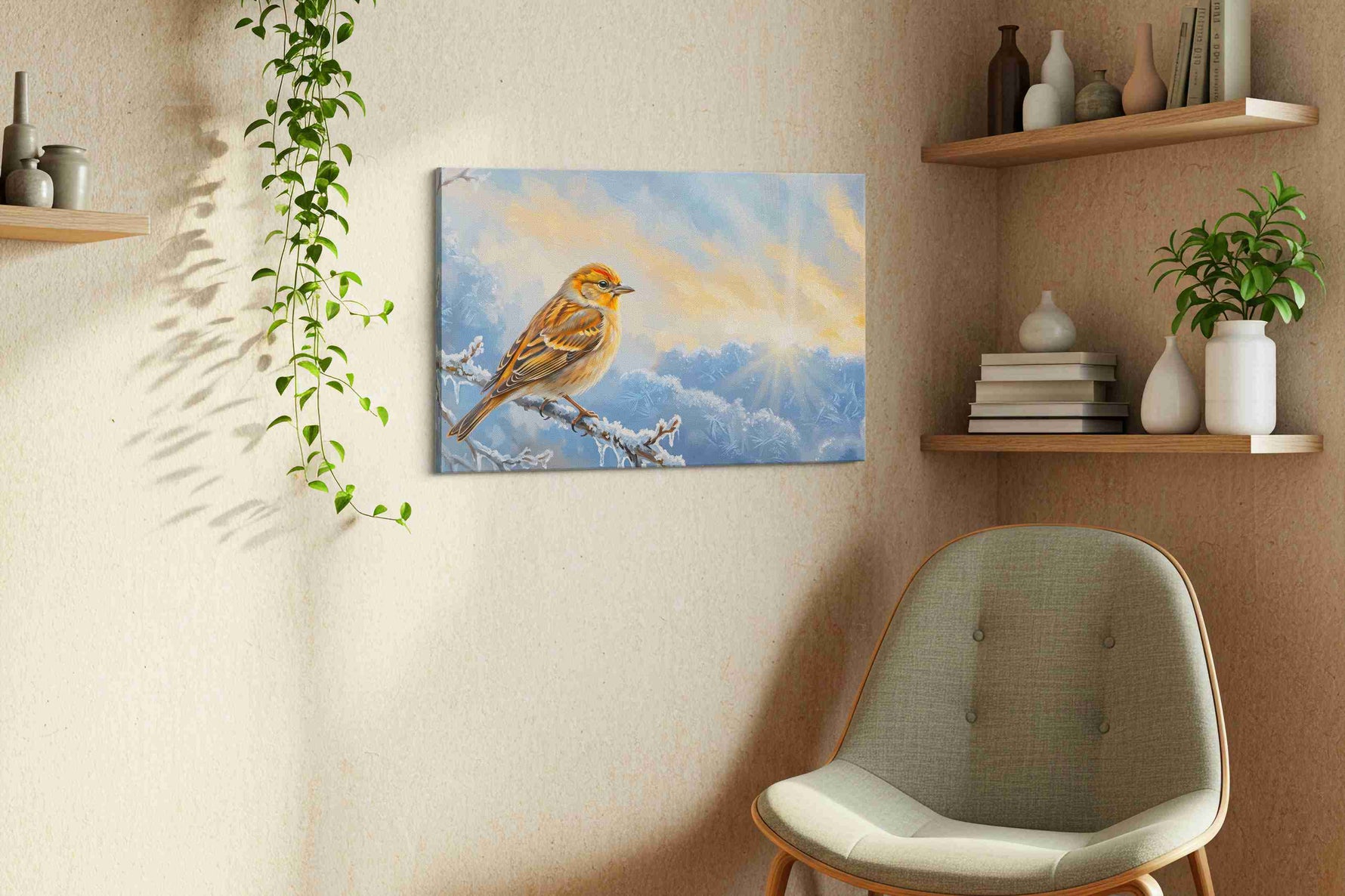 Frosty Dawn Whisper birds canvas print in a living room scene