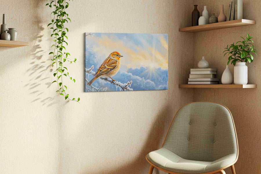 Frosty Dawn Whisper birds canvas print in a living room scene