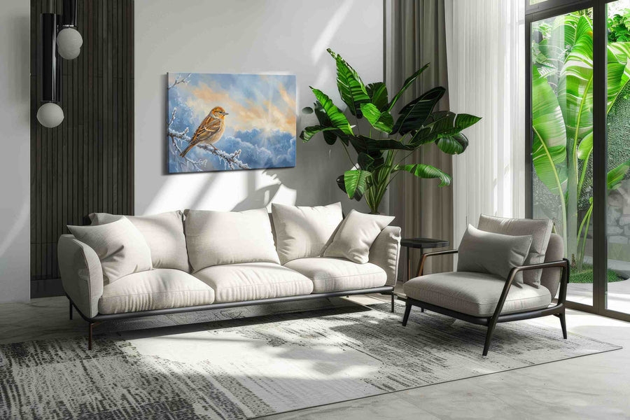 Frosty Dawn Whisper birds canvas print in a modern interior mockup