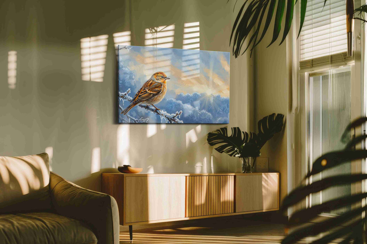 Frosty Dawn Whisper birds canvas print, on wall, lifestyle preview