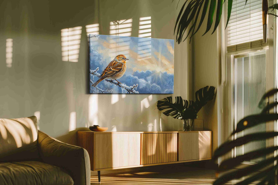 Frosty Dawn Whisper birds canvas print, on wall, lifestyle preview