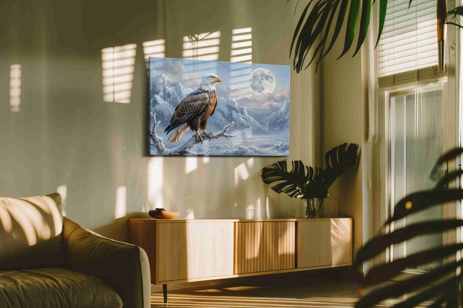 Lunar Vigil in Winter's Embrace birds canvas print styled in a living room