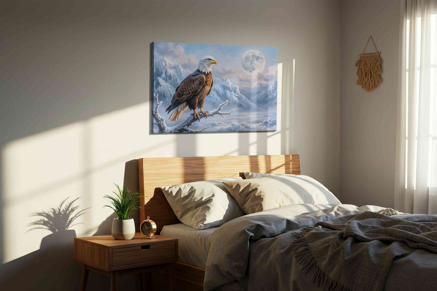 Lunar Vigil in Winter's Embrace birds canvas print, displayed in a bedroom