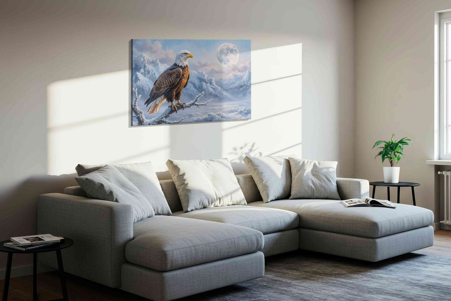 Lunar Vigil in Winter's Embrace birds canvas print, displayed in a living room