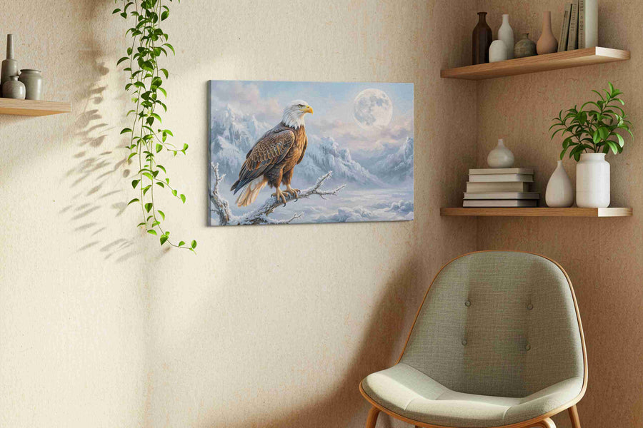 Lunar Vigil in Winter's Embrace birds canvas print, hanging on wall — view 2