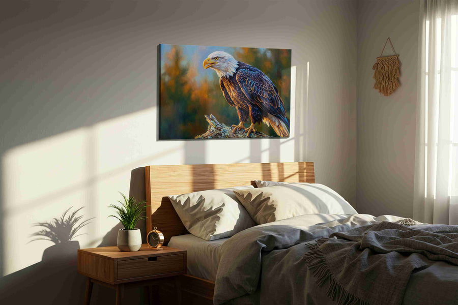 Majestic Vigil at Dusk birds canvas print, displayed in a bedroom