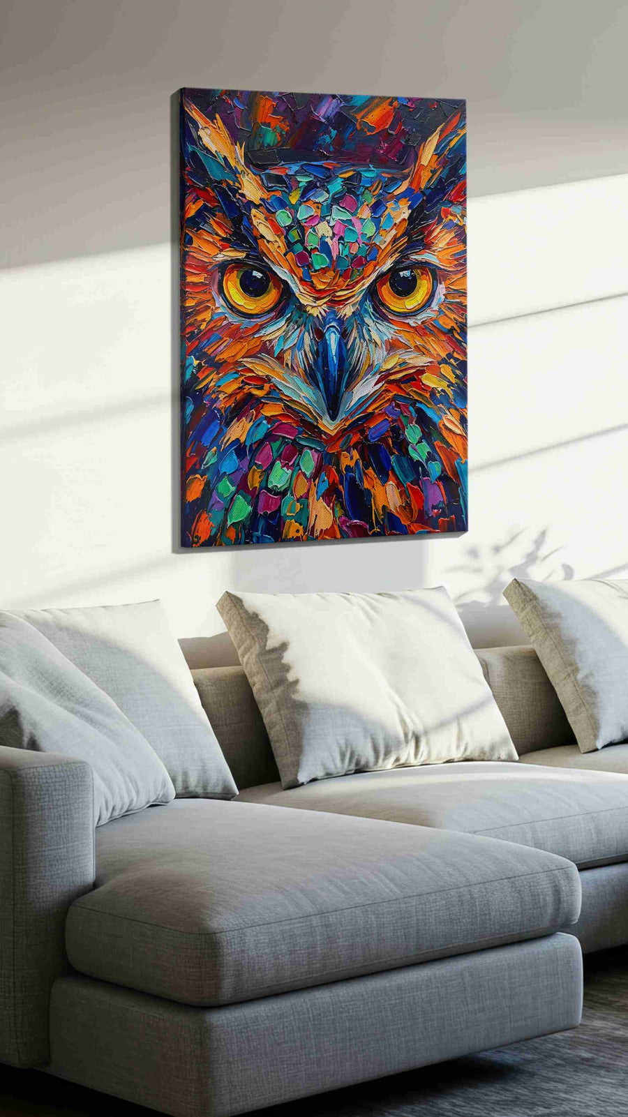 Vibrant Gaze of the Nocturnal birds canvas print, displayed in a living room